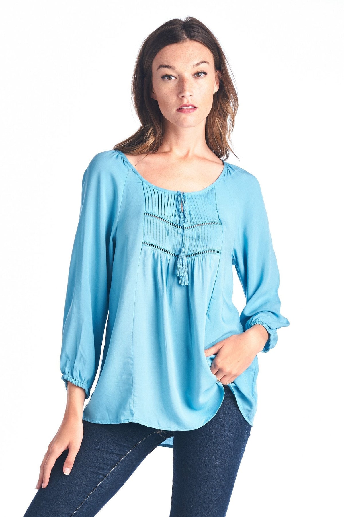 Women's Tassel Tie Loose Top Teal Sea Tops - Tophatter Daily Deals