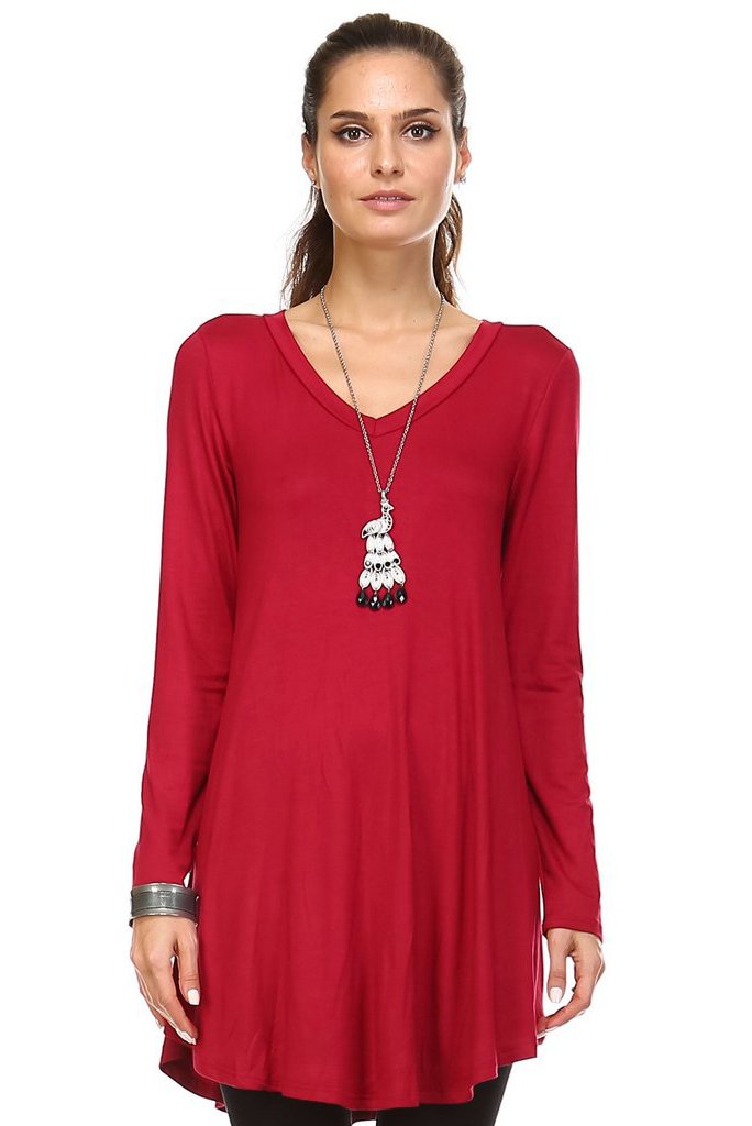 Women's Long Sleeve V-Neck Swing Tunic Burgundy Tops - Tophatter Daily Deals