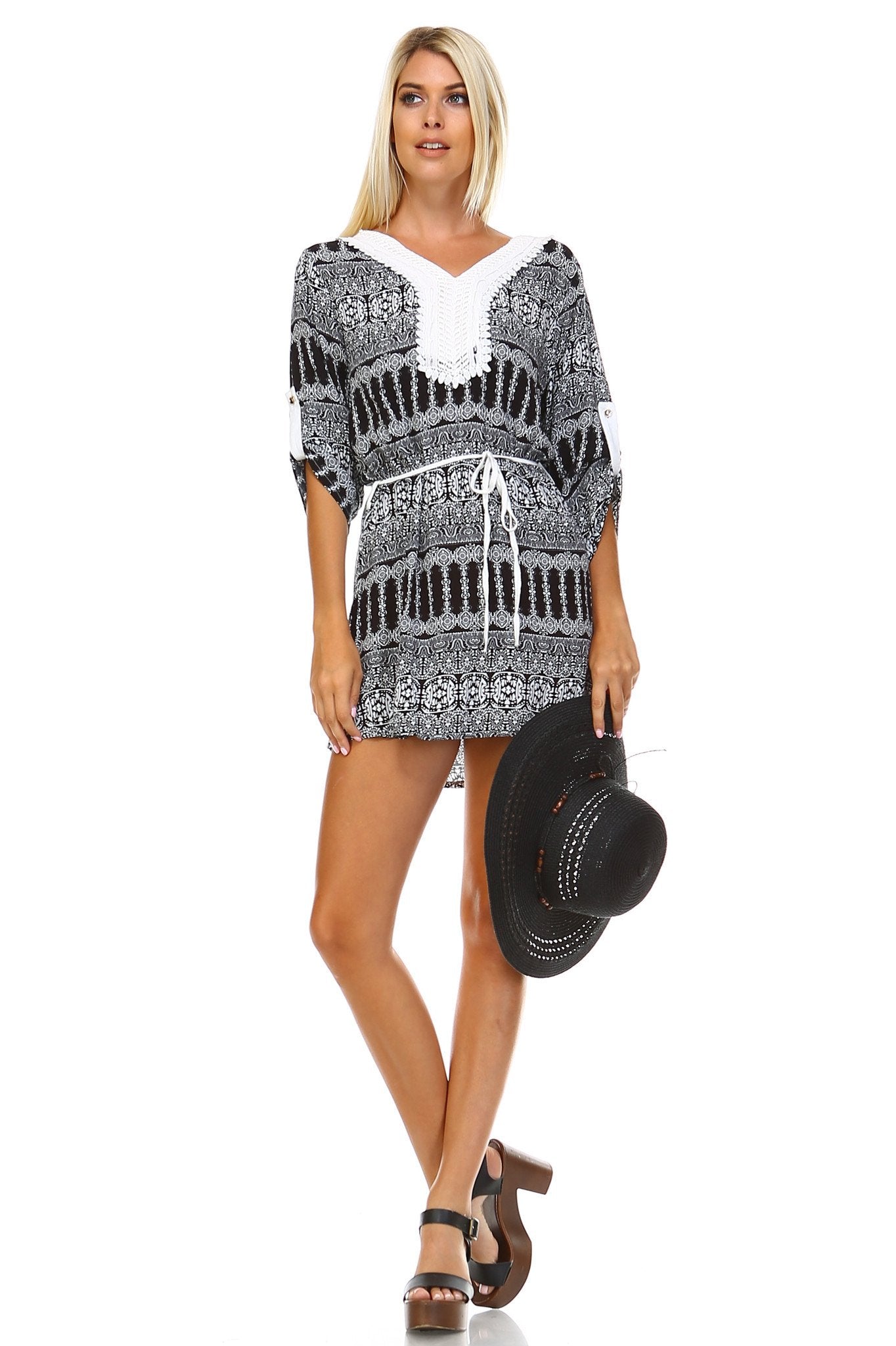 Women's Printed V-neck Waist Tie Dress Black White #2-2 Dresses / Mini - Tophatter Daily Deals