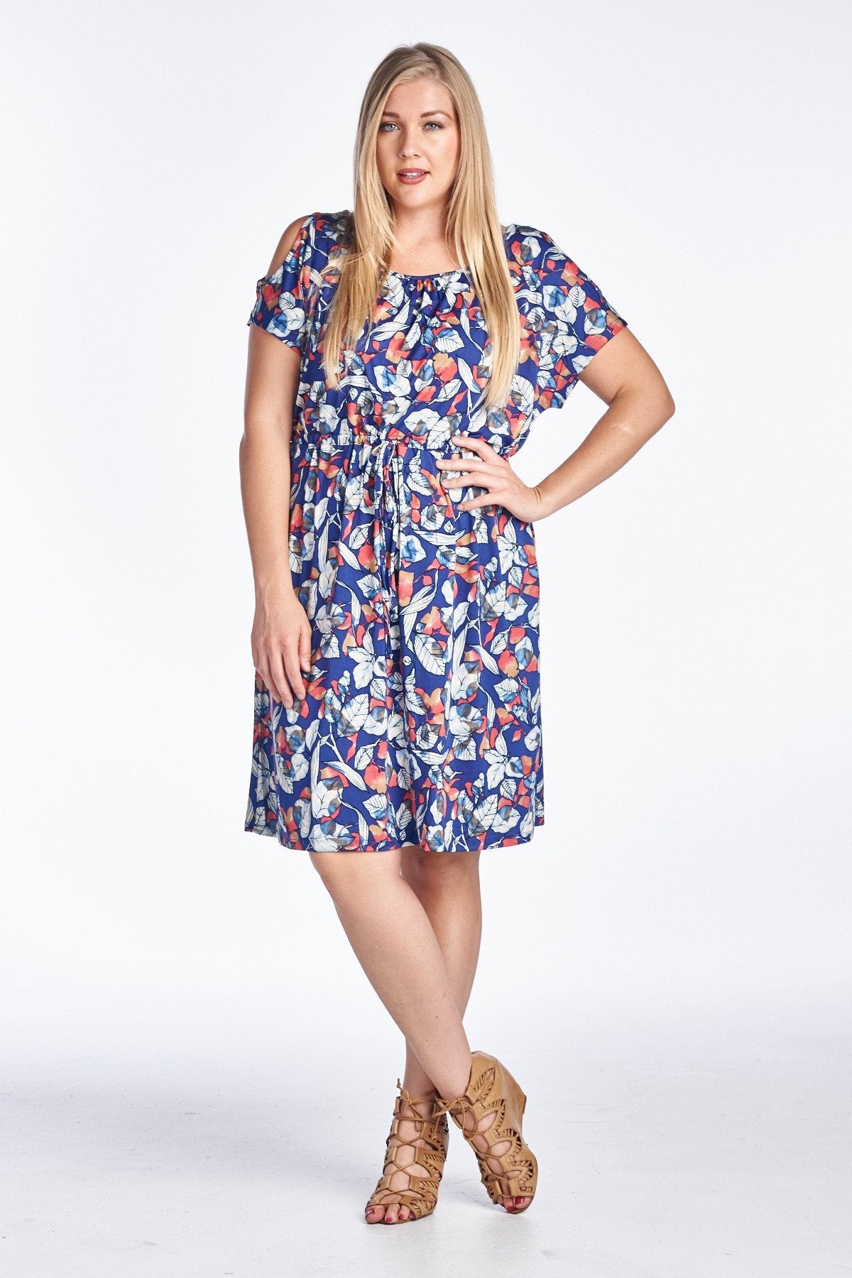 Women's Plus Size Cold Shoulder Tie Waist Dress with Floral Prints Navy 12 Plus Size / Dresses - Tophatter Daily Deals