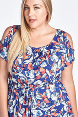 Women's Plus Size Cold Shoulder Tie Waist Dress with Floral Prints Plus Size / Dresses - Tophatter Daily Deals