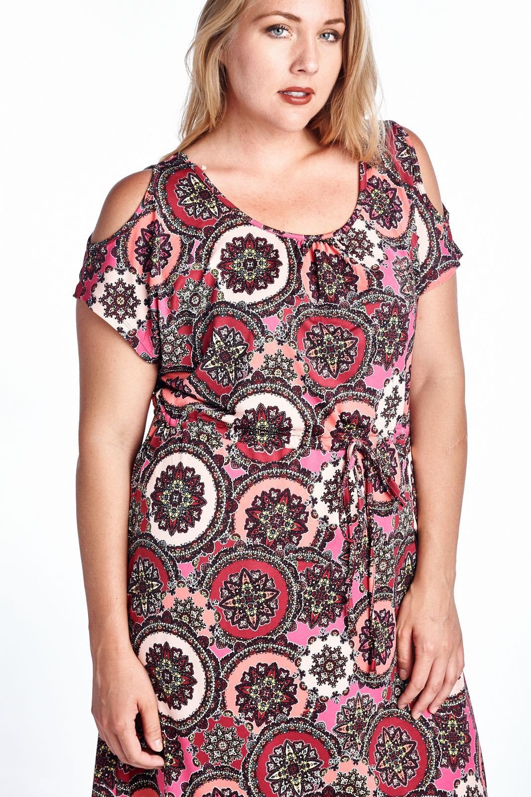Women's Plus Size Cold Shoulder Tie Waist Dress with Floral Prints Plus Size / Dresses - Tophatter Daily Deals