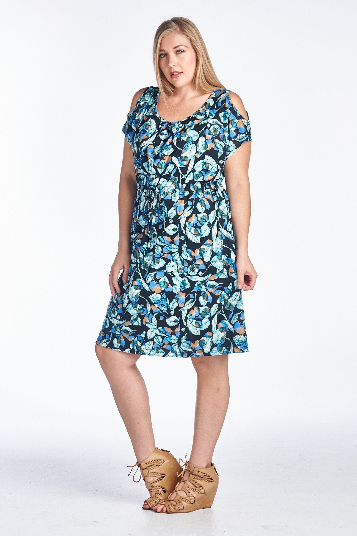 Women's Plus Size Cold Shoulder Tie Waist Dress with Floral Prints Royal 1 Plus Size / Dresses - Tophatter Daily Deals