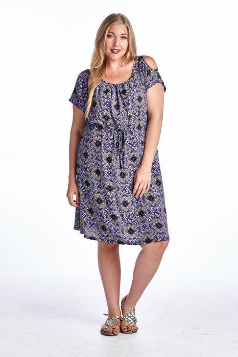 Women's Plus Size Cold Shoulder Tie Waist Dress with Floral Prints Light Grape 1 Plus Size / Dresses - Tophatter Daily Deals