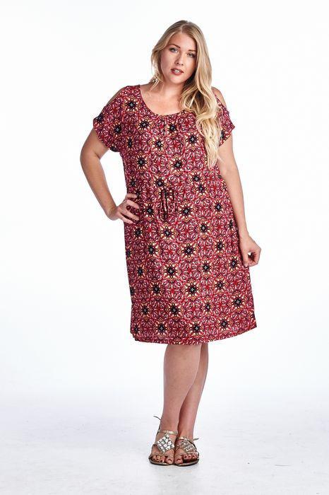 Women's Plus Size Cold Shoulder Tie Waist Dress with Floral Prints Red 2 Plus Size / Dresses - Tophatter Daily Deals