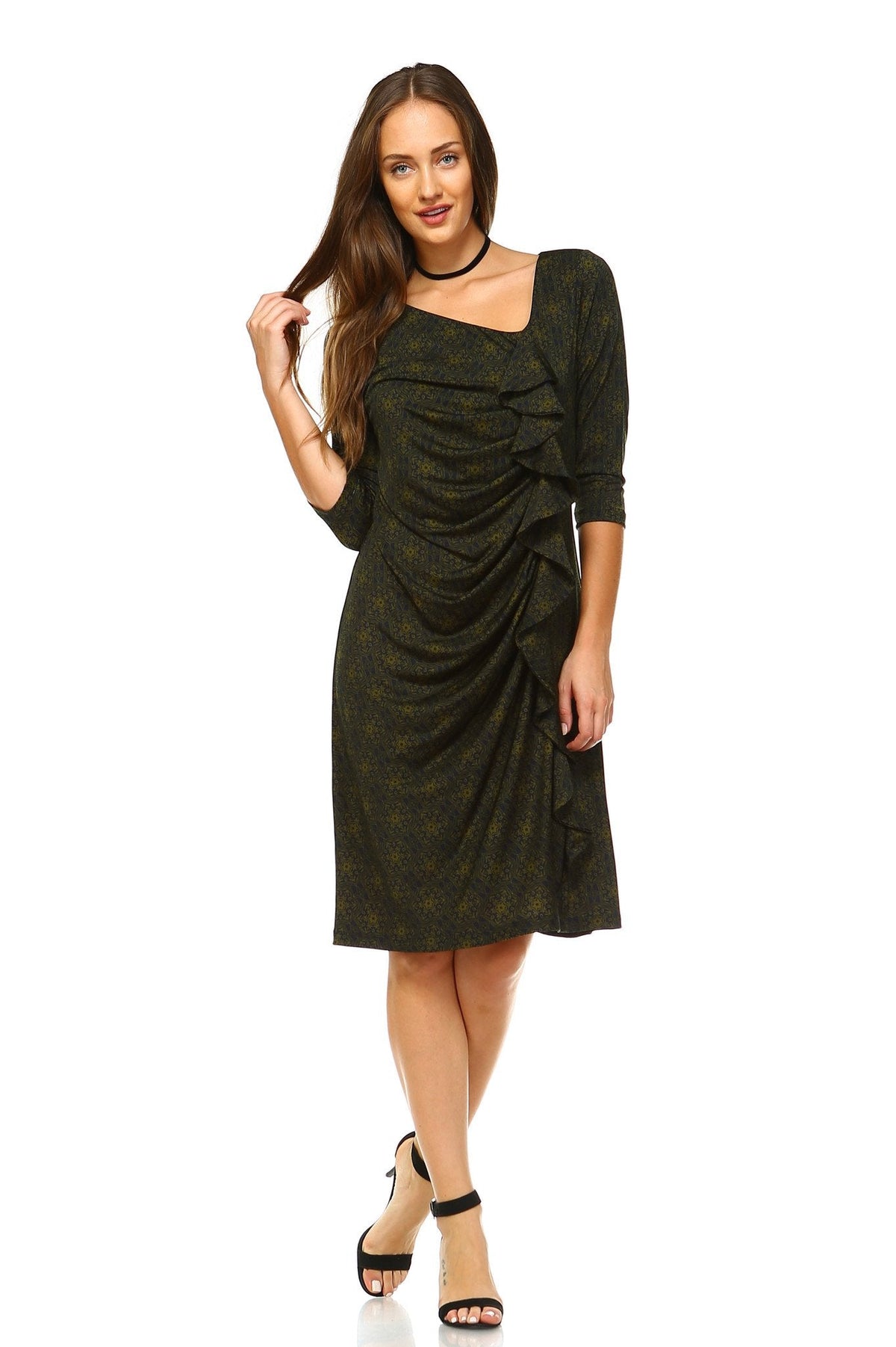 Women's 3/4 Three Quarter Sleeve Midi Dress with Geometric Pattern Dark Green Dresses / Midi - Tophatter Daily Deals