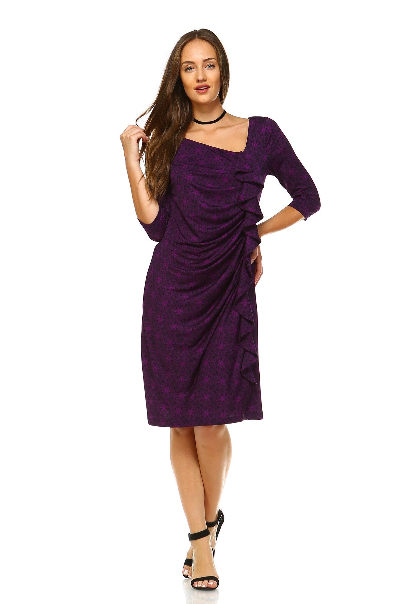 Women's 3/4 Three Quarter Sleeve Midi Dress with Geometric Pattern Purple Dresses / Midi - Tophatter Daily Deals