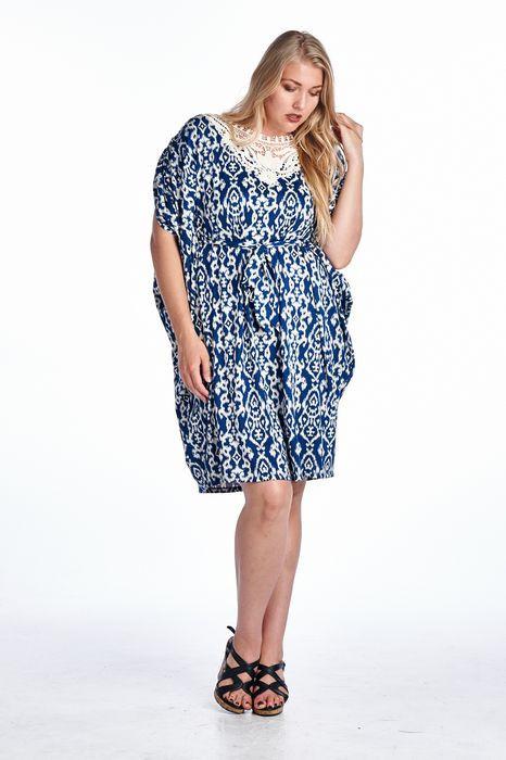 Women's Plus Size Ikat Printed Crochet Dress Blue 2 Plus Size / Dresses - Tophatter Daily Deals