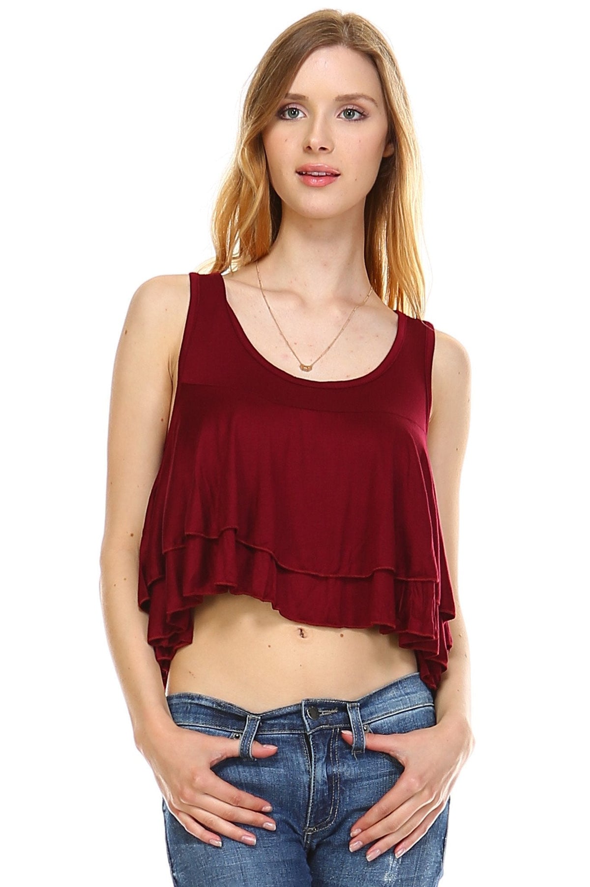 Women's Double Layer Loose Crop Tank Burgundy Tanks - Tophatter Daily Deals