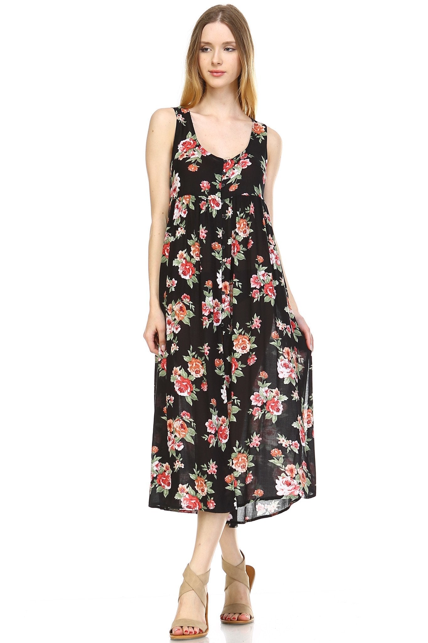 Women's Button Down Floral Maxi Dress Black Combo 1 Dresses / Maxi - Tophatter Daily Deals