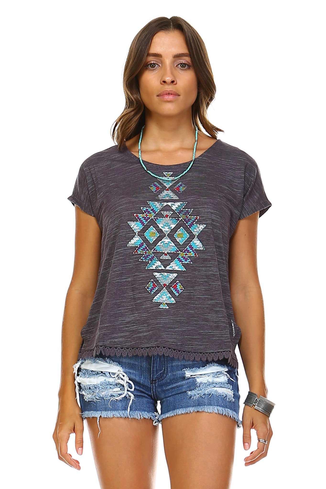 Women's Aztec Print Embroidered Trim Top Charcoal Tops - Tophatter Daily Deals