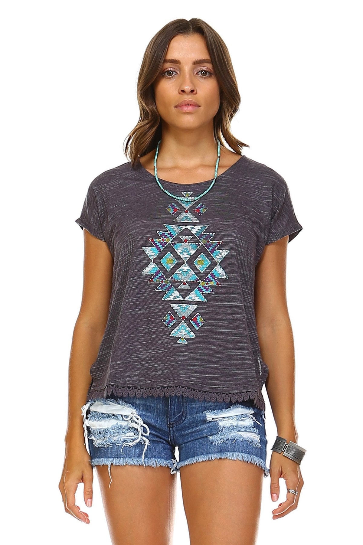 Women's Aztec Print Embroidered Trim Top Charcoal Tops - Tophatter Daily Deals