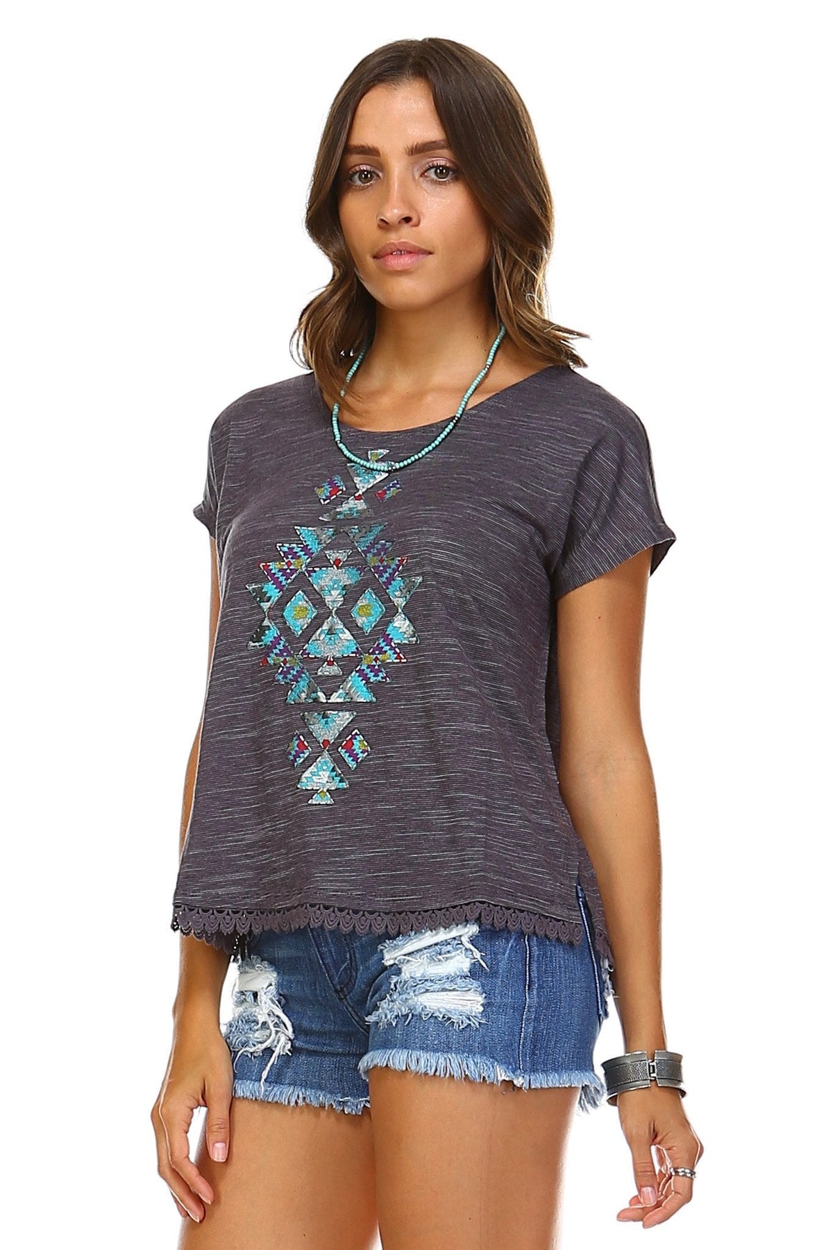 Women's Aztec Print Embroidered Trim Top Tops - Tophatter Daily Deals