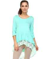 Women's 3/4 Three Quarter Sleeve Hi-Low Top with Lace Hem Detail Aqua 2 Tops - Tophatter Daily Deals
