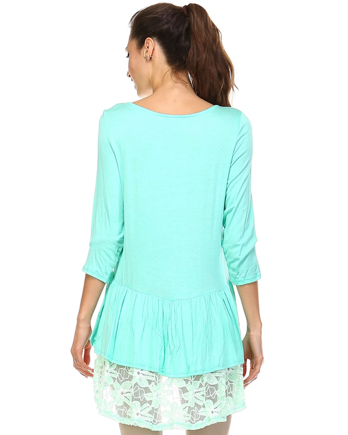 Women's 3/4 Three Quarter Sleeve Hi-Low Top with Lace Hem Detail Tops - Tophatter Daily Deals