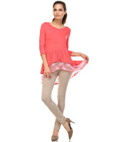 Women's 3/4 Three Quarter Sleeve Hi-Low Top with Lace Hem Detail Tops - Tophatter Daily Deals