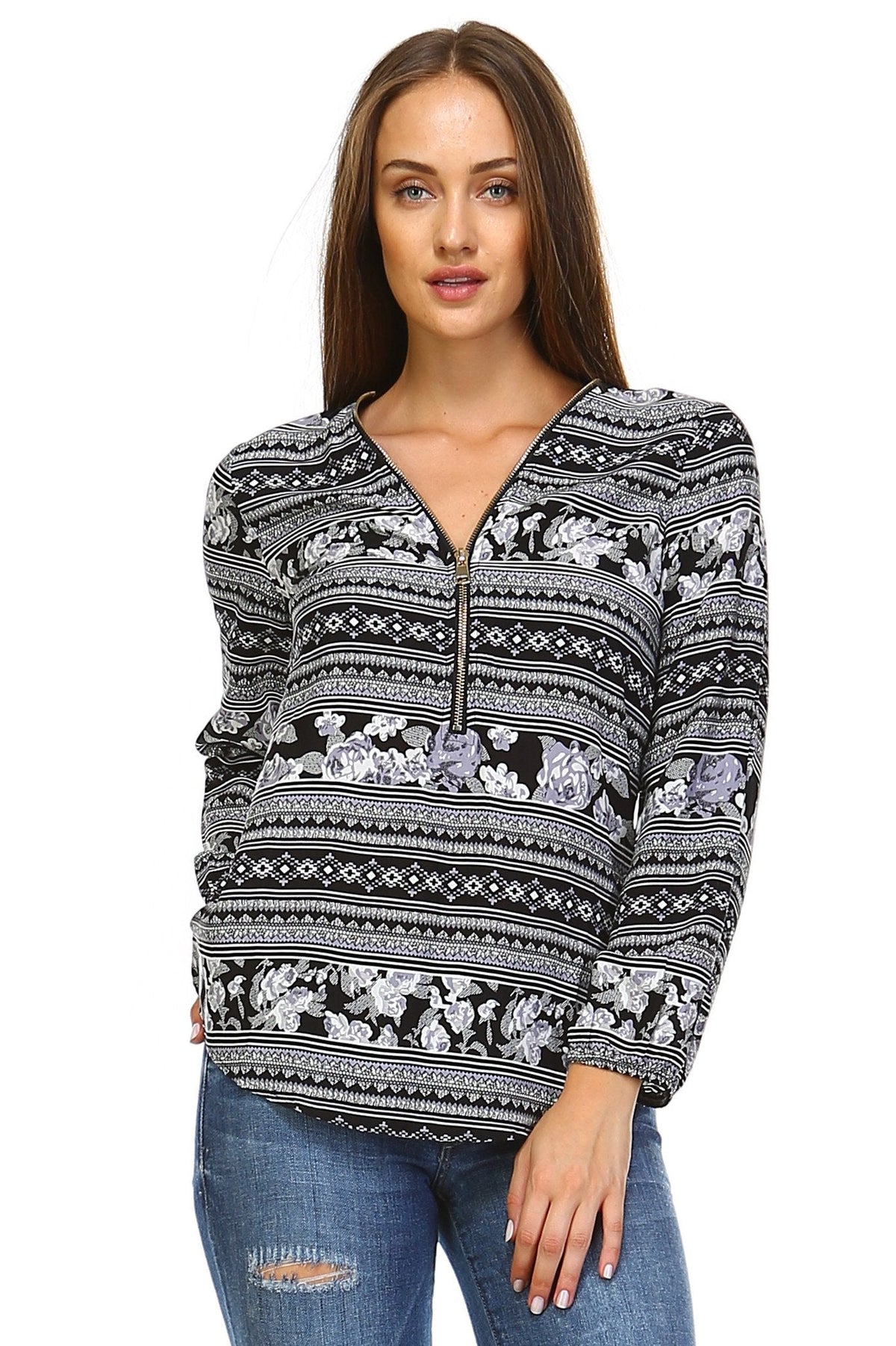 Women's Long Sleeve Printed Top with Front Zipper Black White 69 Tops - Tophatter Daily Deals