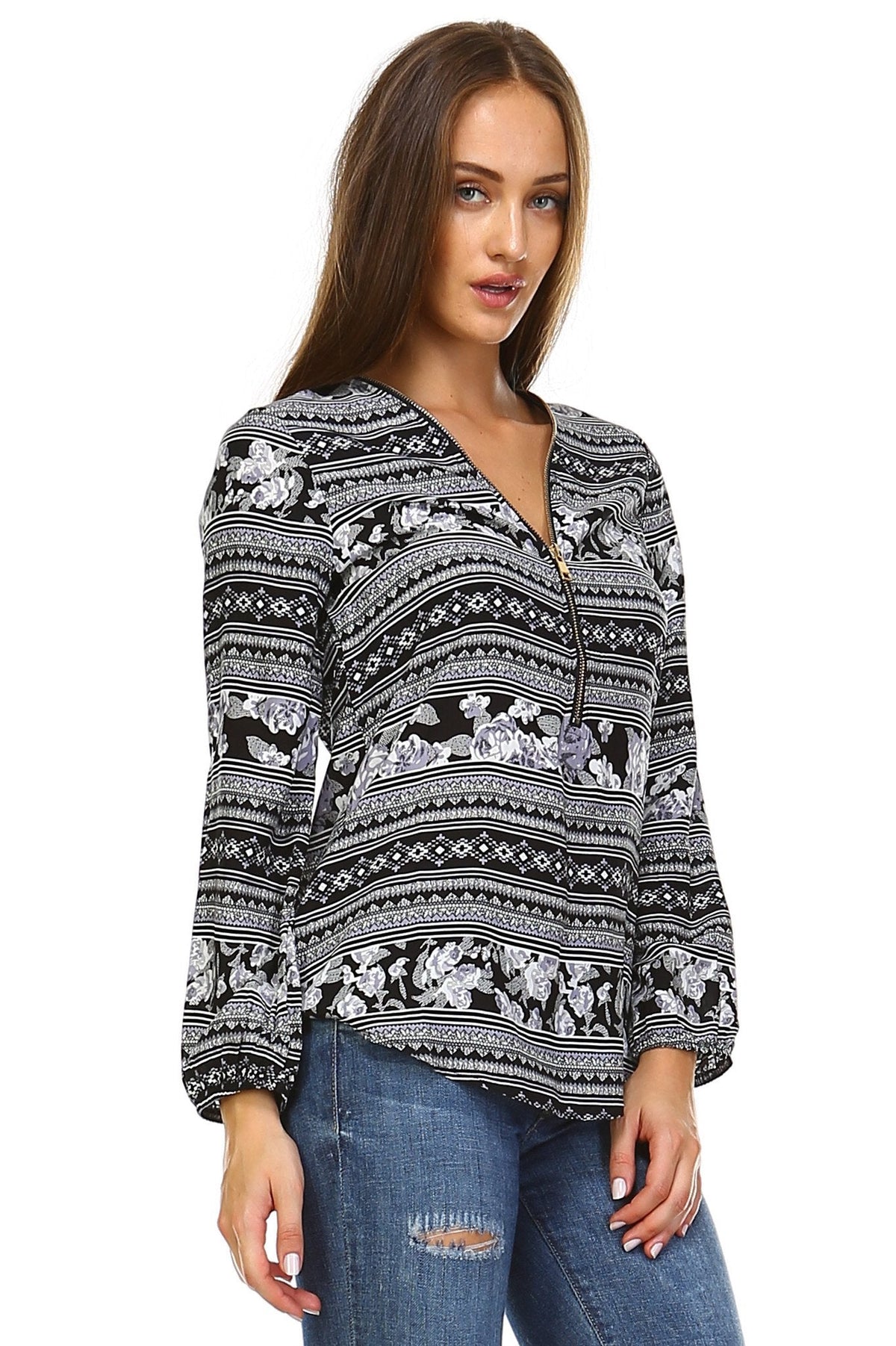 Women's Long Sleeve Printed Top with Front Zipper Tops - Tophatter Daily Deals