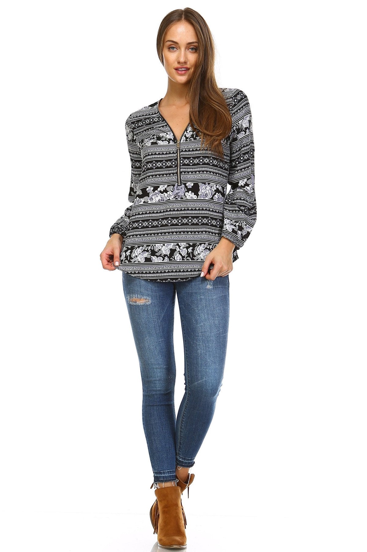 Women's Long Sleeve Printed Top with Front Zipper Tops - Tophatter Daily Deals