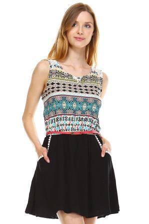 Women's Crochet Detail Belted Sleeveless Dress Black Tribal Dresses / Mini - Tophatter Daily Deals