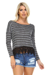 Women's Long Sleeve Stripe Hatchi Top with Crochet Front Hem Tops - Tophatter Daily Deals