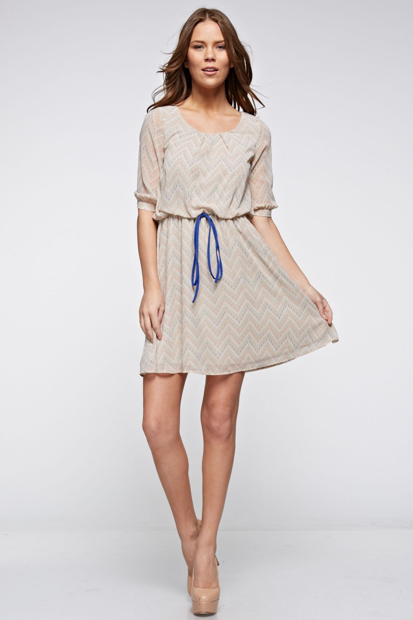 Women's Printed Waist Tie Chiffon Bubble Dress Beige Combo Dresses / Midi - Tophatter Daily Deals