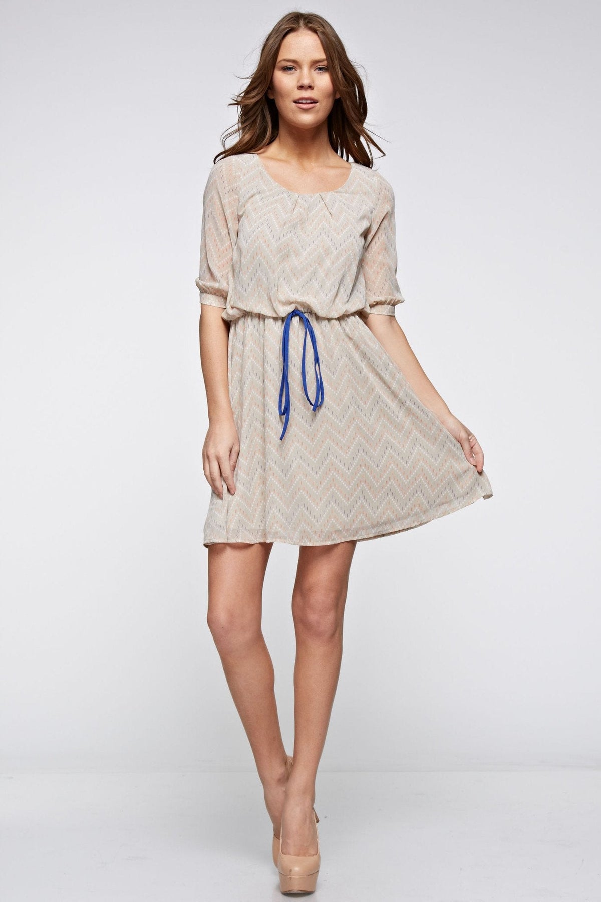 Women's Printed Waist Tie Chiffon Bubble Dress Beige Combo Dresses / Midi - Tophatter Daily Deals