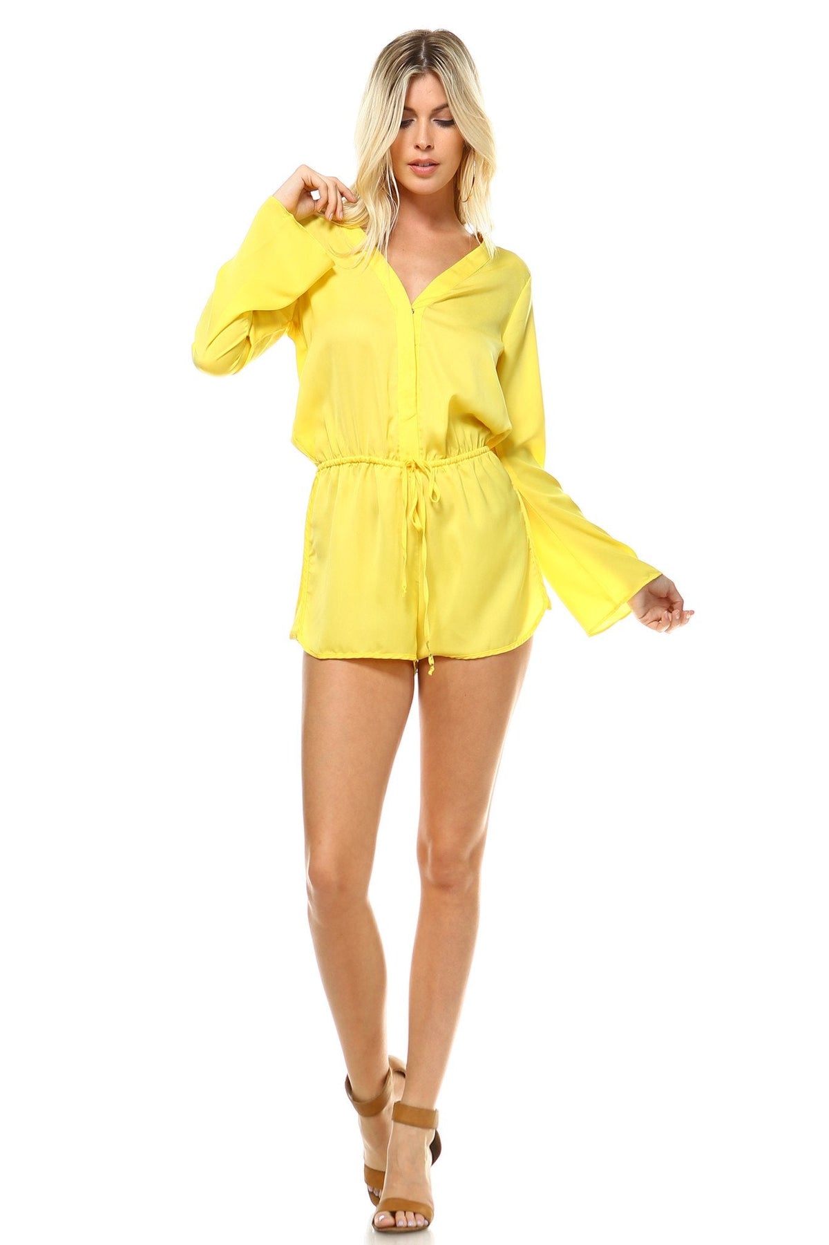 Women's Long Sleeve Waist Tie Romper Yellow Romper - Tophatter Daily Deals