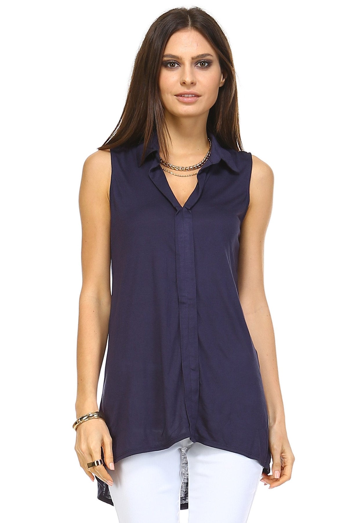 Women's Hi-Low Collar Top Navy 17 Tops / Button Down - Tophatter Daily Deals