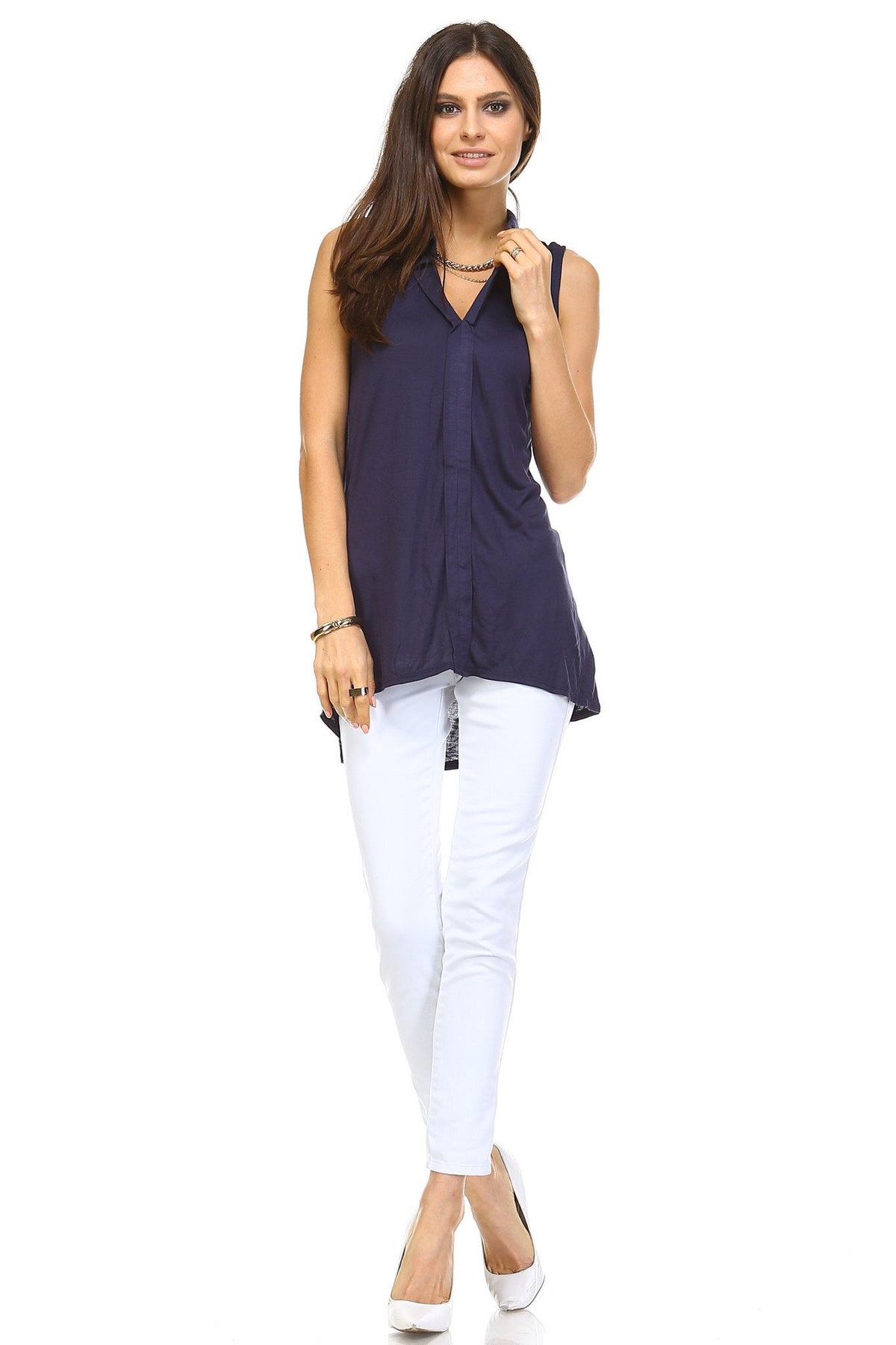 Women's Hi-Low Collar Top Tops / Button Down - Tophatter Daily Deals