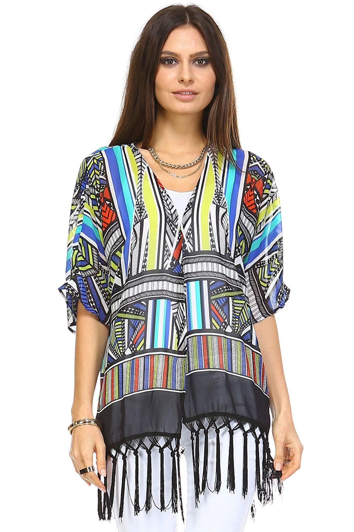 Women's Multi Color Tassel Detail Kimono Top Multi 1 Tops - Tophatter Daily Deals