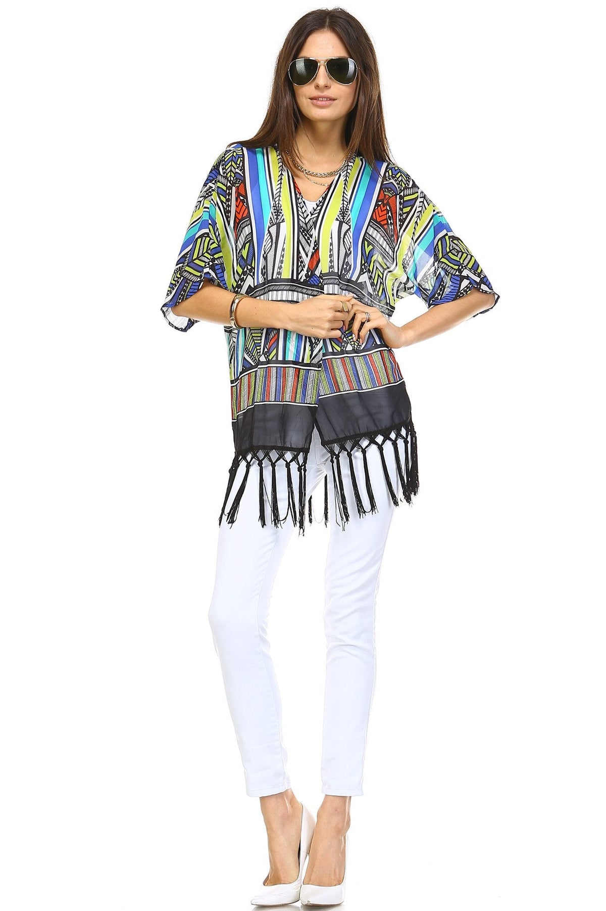 Women's Multi Color Tassel Detail Kimono Top Tops - Tophatter Daily Deals
