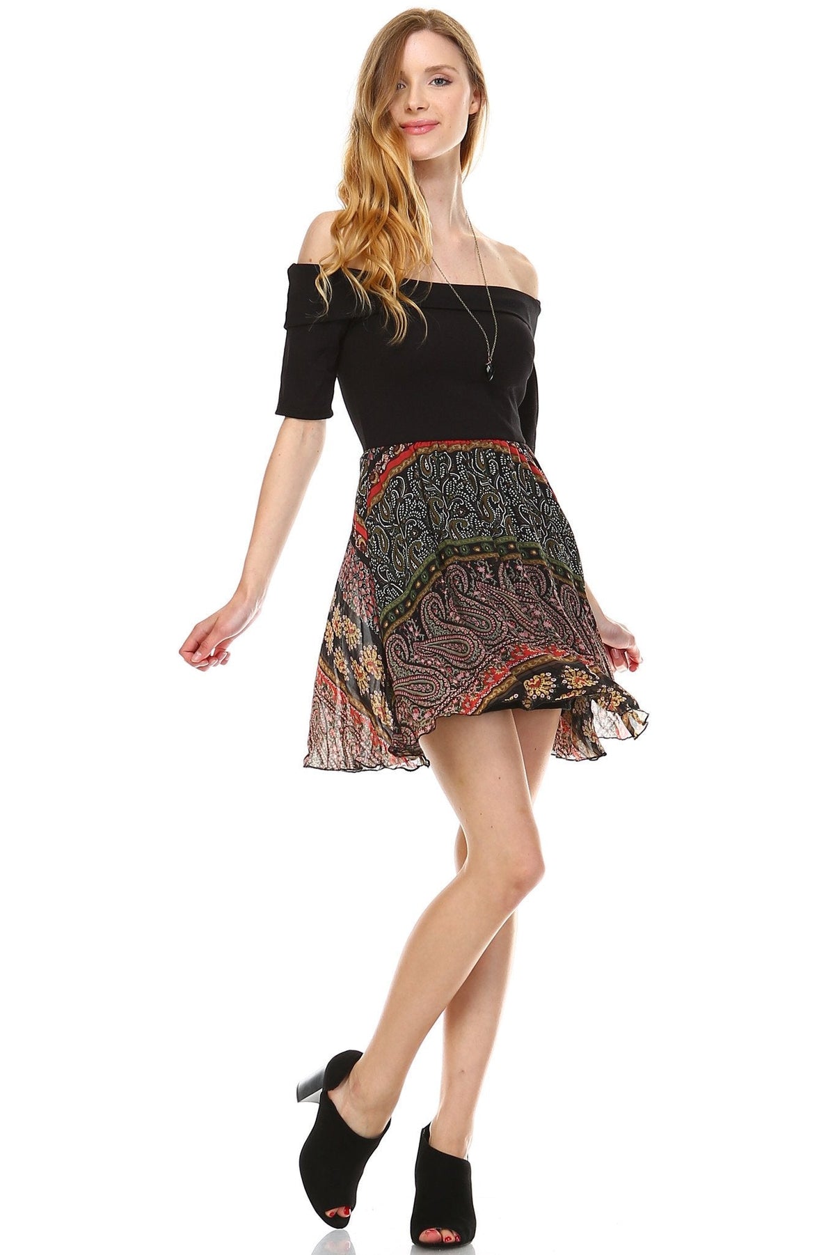 Women's Printed Off Shoulder A-Line Dress Black 50 Dresses / Mini - Tophatter Daily Deals