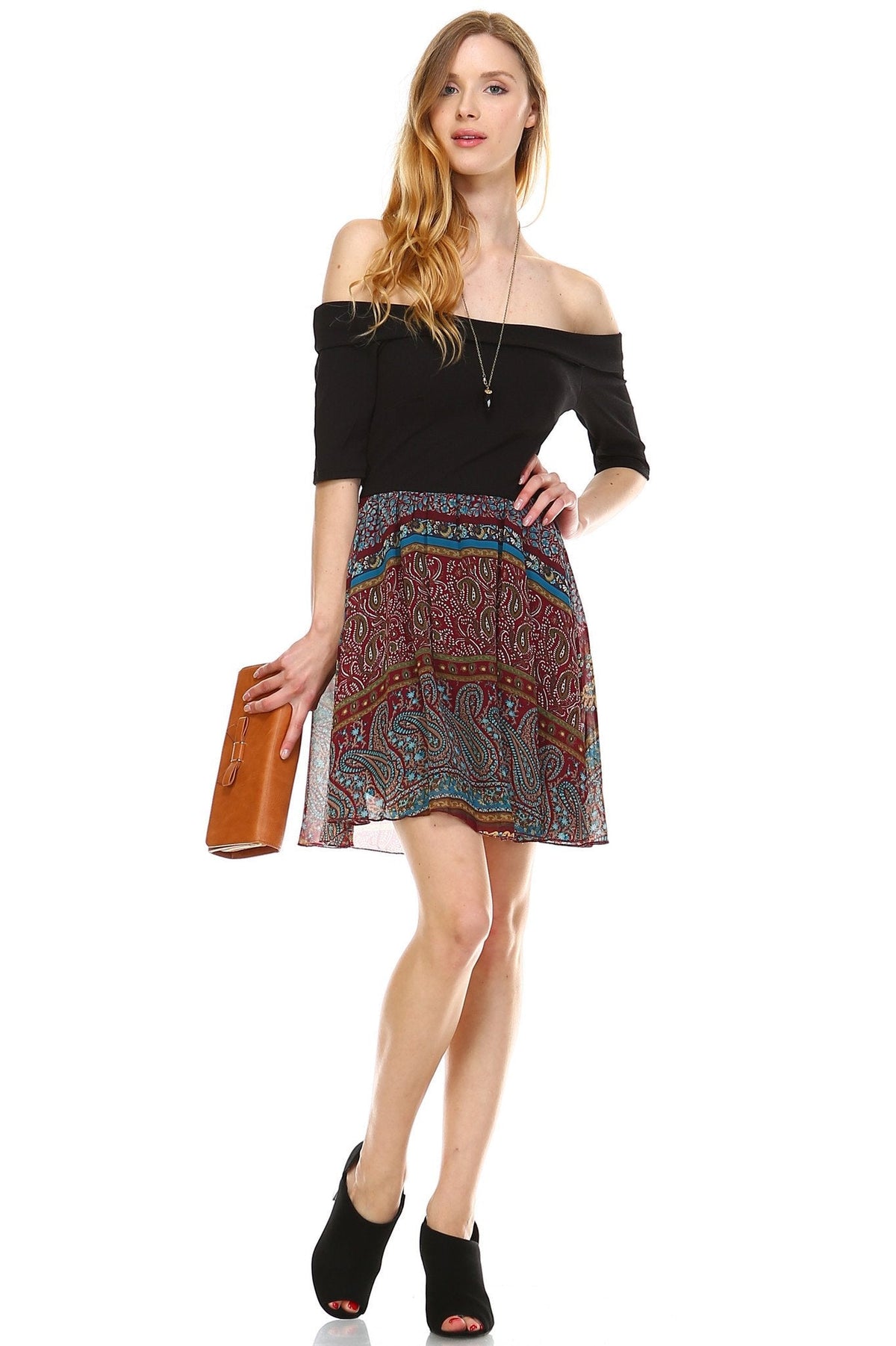 Women's Printed Off Shoulder A-Line Dress Burgundy 2 Dresses / Mini - Tophatter Daily Deals