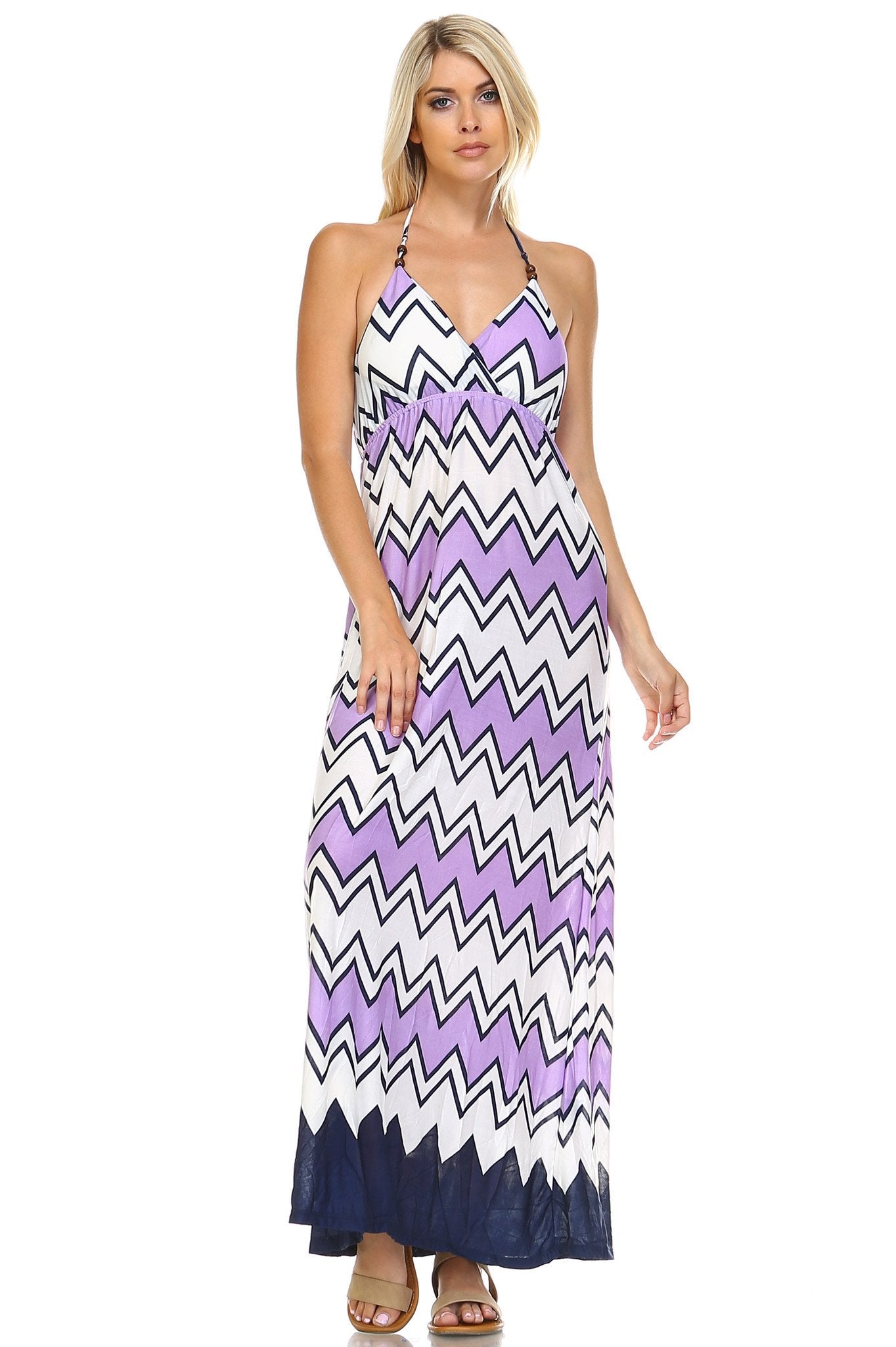 Women's Printed V-Neck Maxi Dress Violet Navy Dresses / Maxi - Tophatter Daily Deals