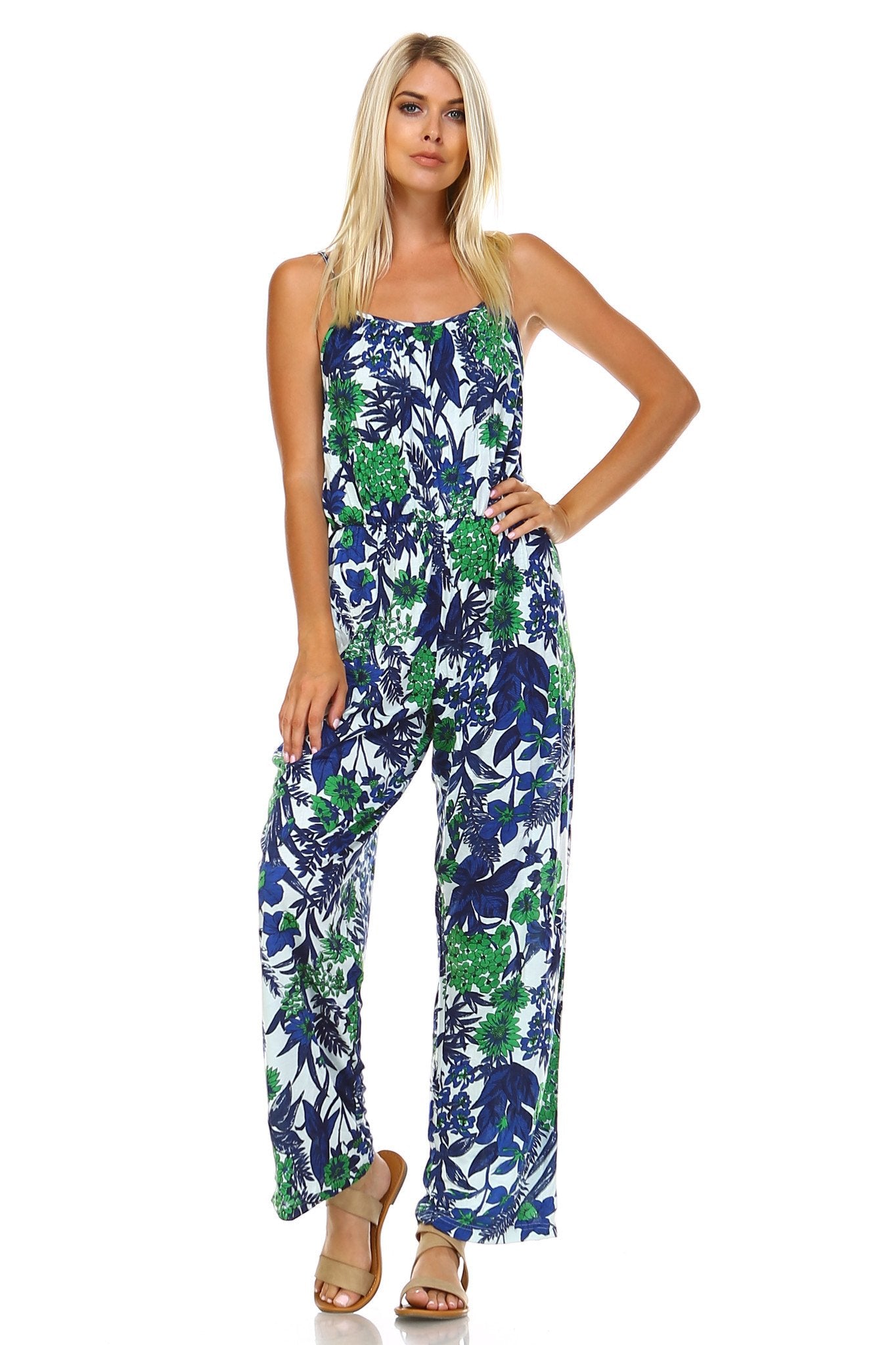 Women's Sleeveless Elastic Waistline Printed Jumpsuit Blue Green Jumpsuit - Tophatter Daily Deals