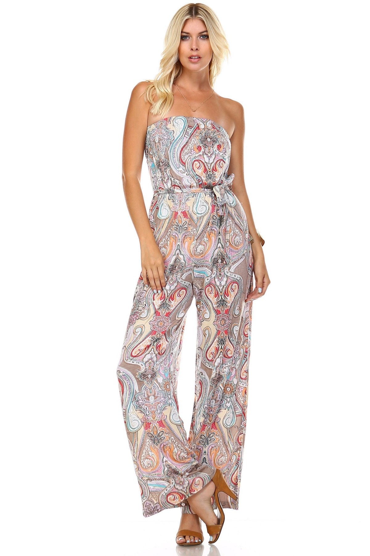 Women's Printed Elastic Waistline Tie Jumpsuit Beige Multi Jumpsuit - Tophatter Daily Deals