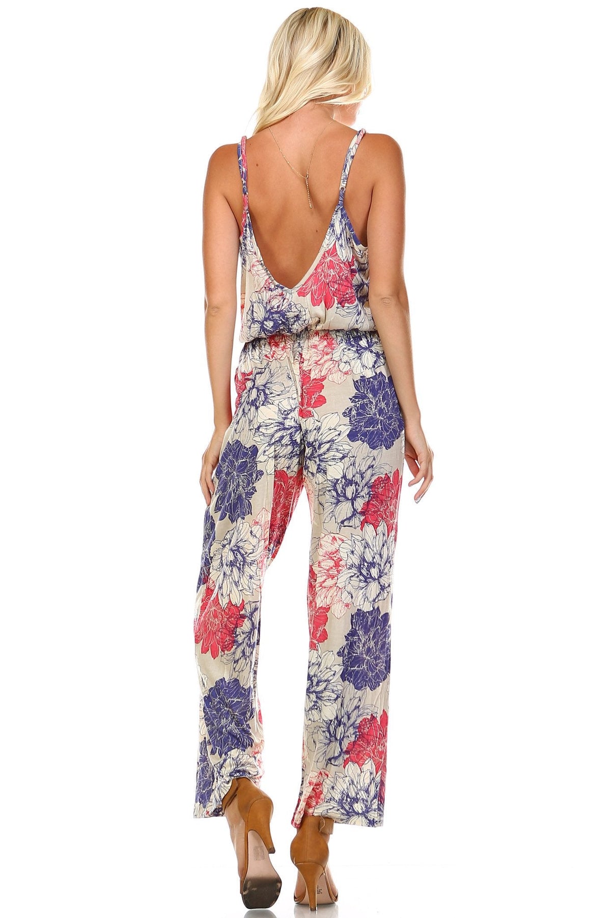 Women's Printed V-Back Elastic Waistline Jumpsuit Jumpsuit - Tophatter Daily Deals