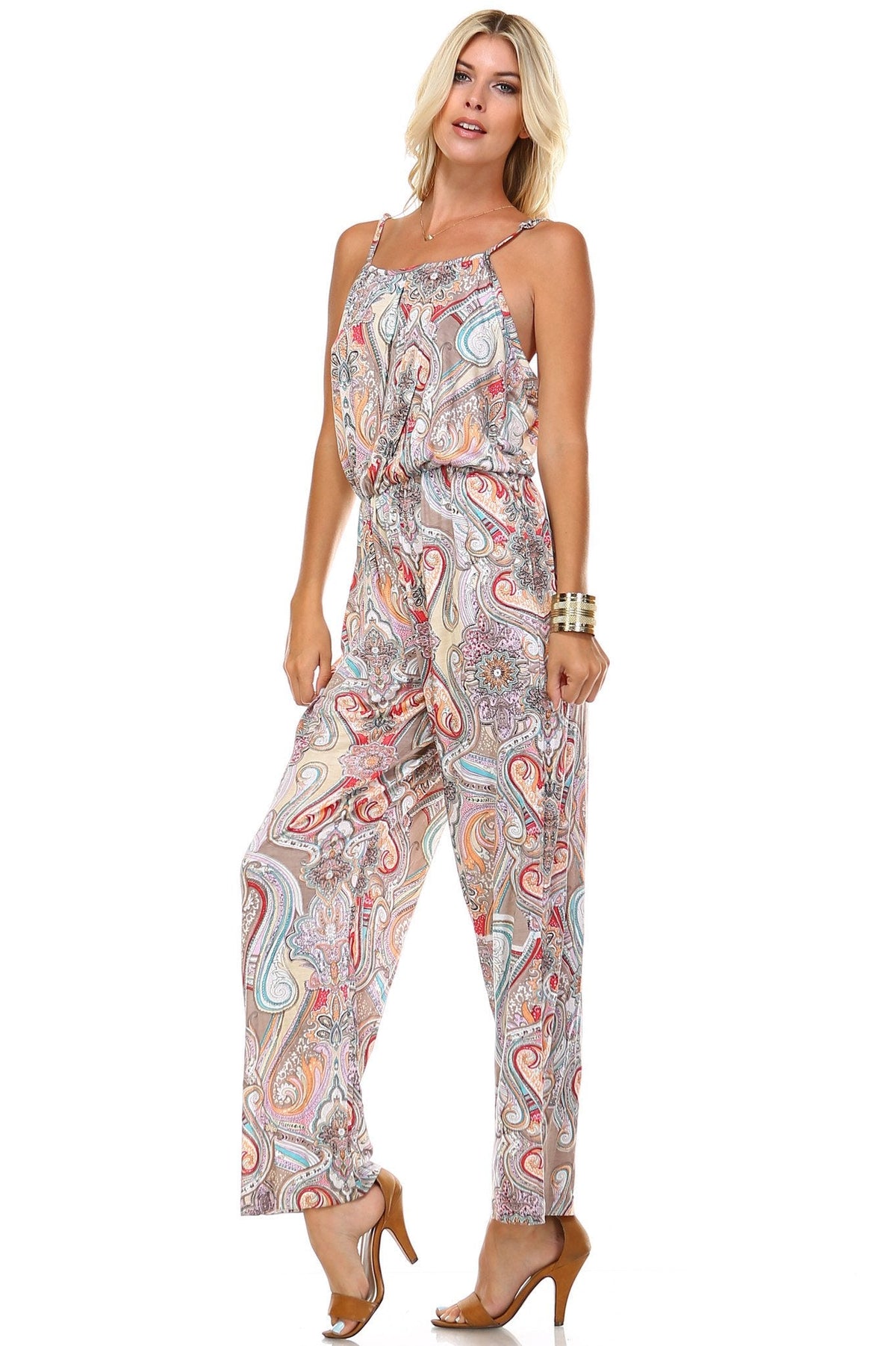 Women's Printed V-Back Elastic Waistline Jumpsuit Jumpsuit - Tophatter Daily Deals