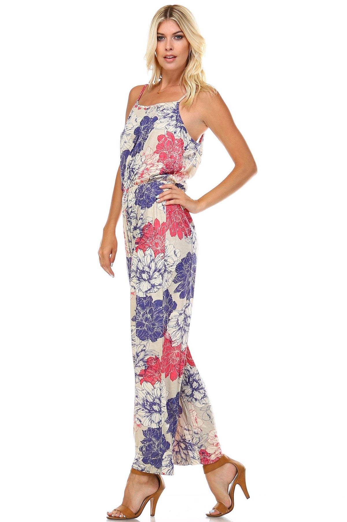Women's Printed V-Back Elastic Waistline Jumpsuit Jumpsuit - Tophatter Daily Deals