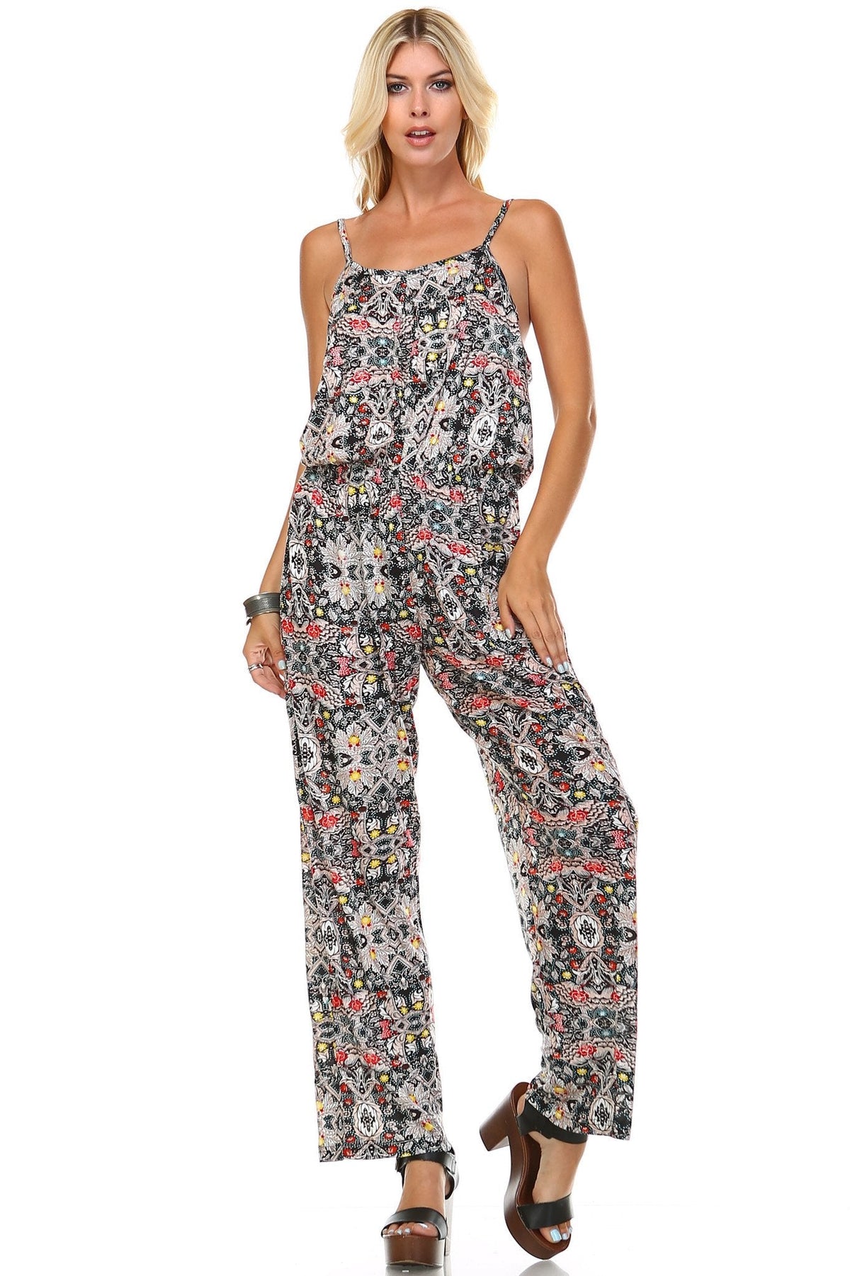 Women's Printed V-Back Elastic Waistline Jumpsuit Black Multi 3 Jumpsuit - Tophatter Daily Deals