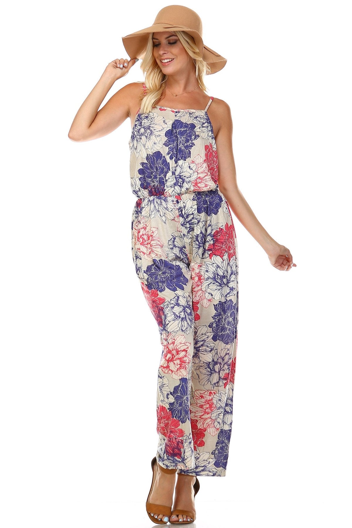 Women's Printed V-Back Elastic Waistline Jumpsuit Jumpsuit - Tophatter Daily Deals