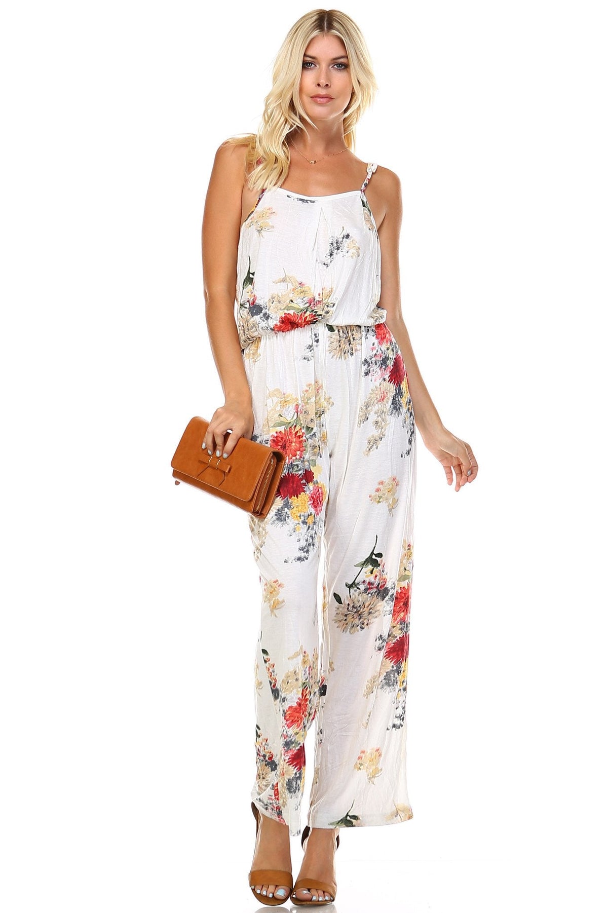 Women's Printed V-Back Elastic Waistline Jumpsuit White Multi Jumpsuit - Tophatter Daily Deals