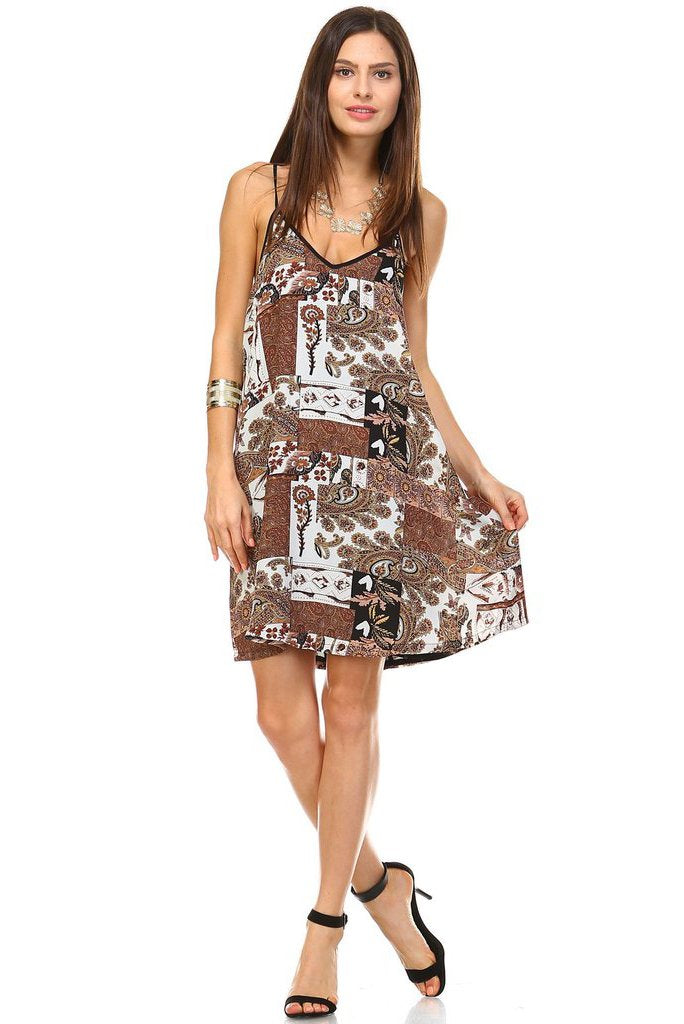 Women's Back Slit V-Neck Chiffon Dress with Side Pockets Brown Multi Dresses / Midi - Tophatter Daily Deals