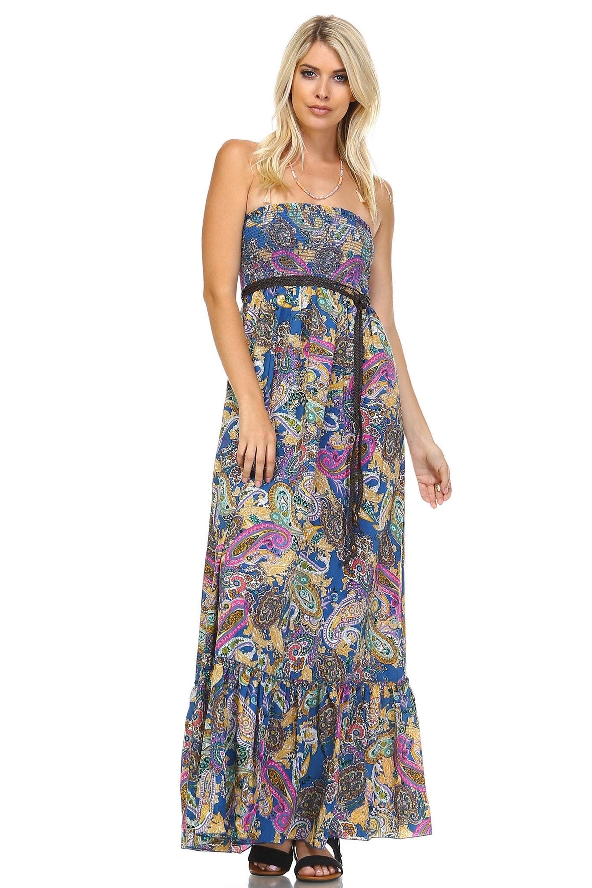 Women's Paisley Printed Strapless Belted Maxi Dress Blue 34 Dresses / Maxi - Tophatter Daily Deals