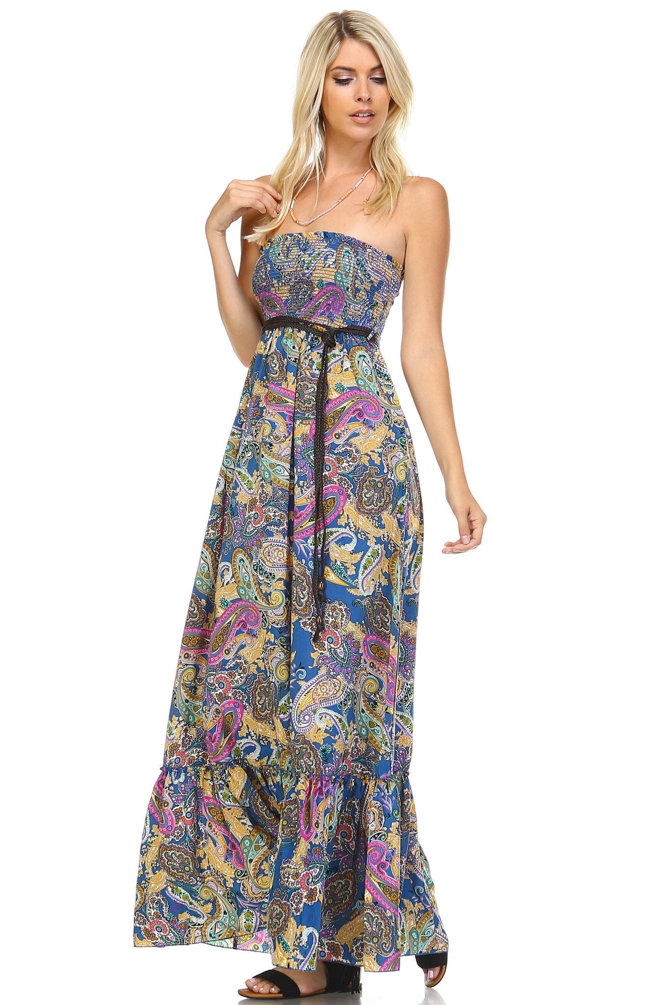 Women's Paisley Printed Strapless Belted Maxi Dress Dresses / Maxi - Tophatter Daily Deals