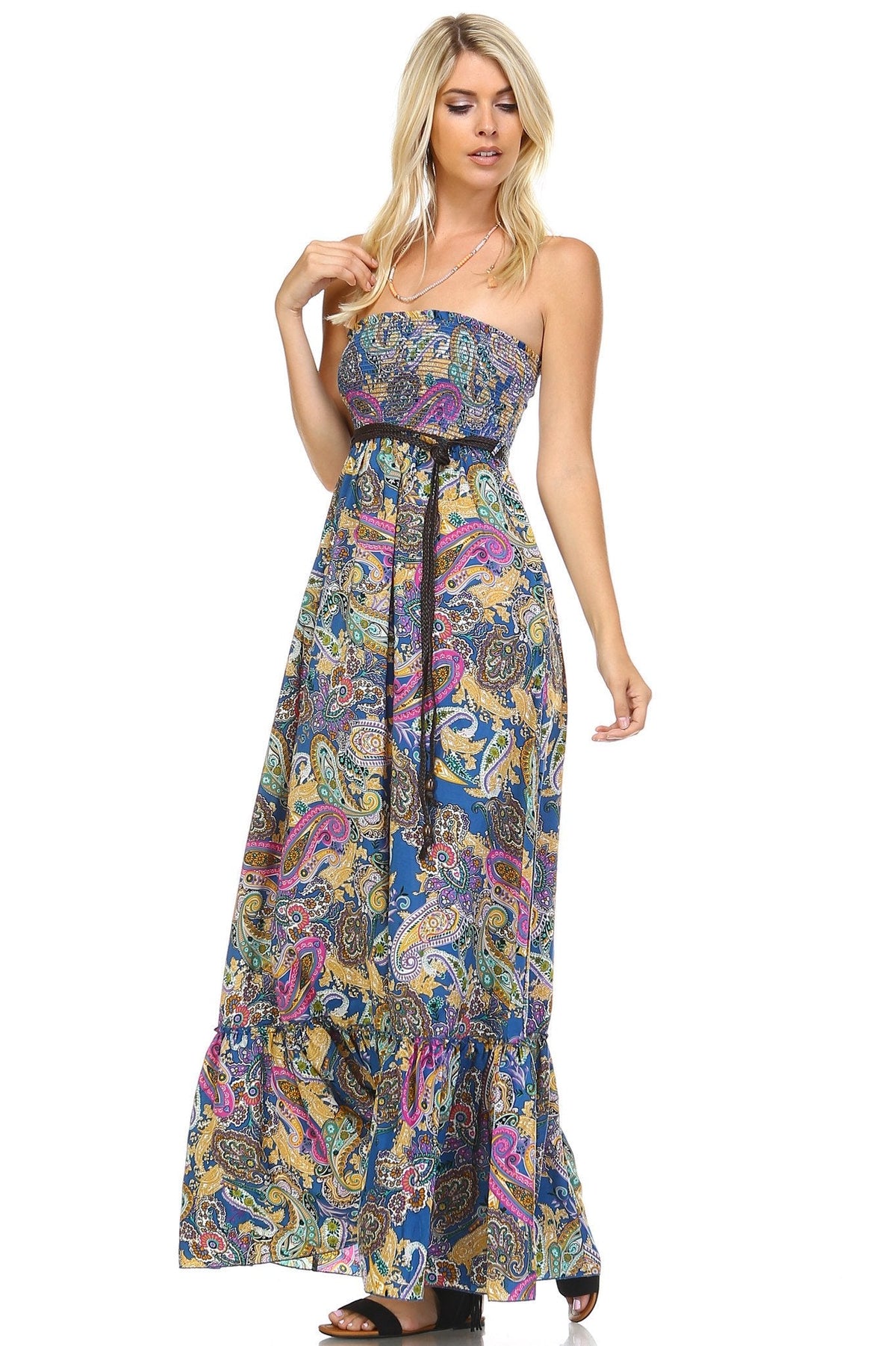 Women's Paisley Printed Strapless Belted Maxi Dress Dresses / Maxi - Tophatter Daily Deals