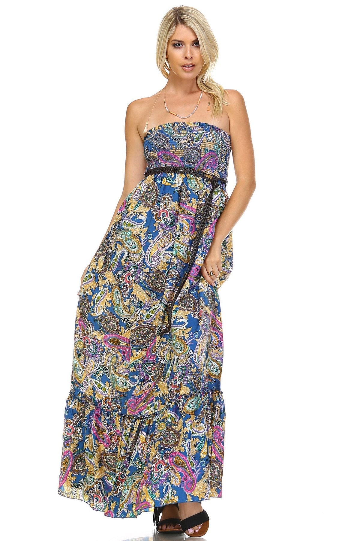 Women's Paisley Printed Strapless Belted Maxi Dress Dresses / Maxi - Tophatter Daily Deals