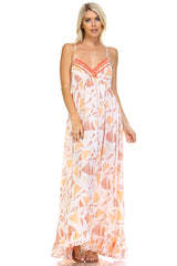 Women's Printed Tie-Back Maxi Dress w/Lace Trim Coral 80 Dresses / Maxi - Tophatter Daily Deals