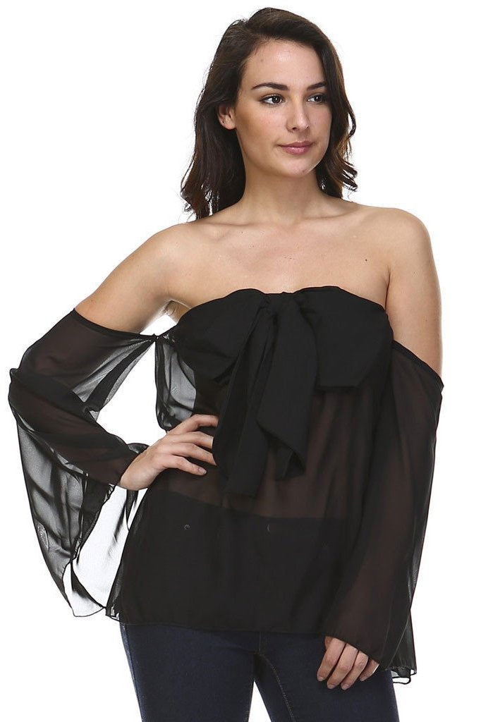 Women's Solid Black Cold Shoulder Bow Front Top Black 49 Tops - Tophatter Daily Deals